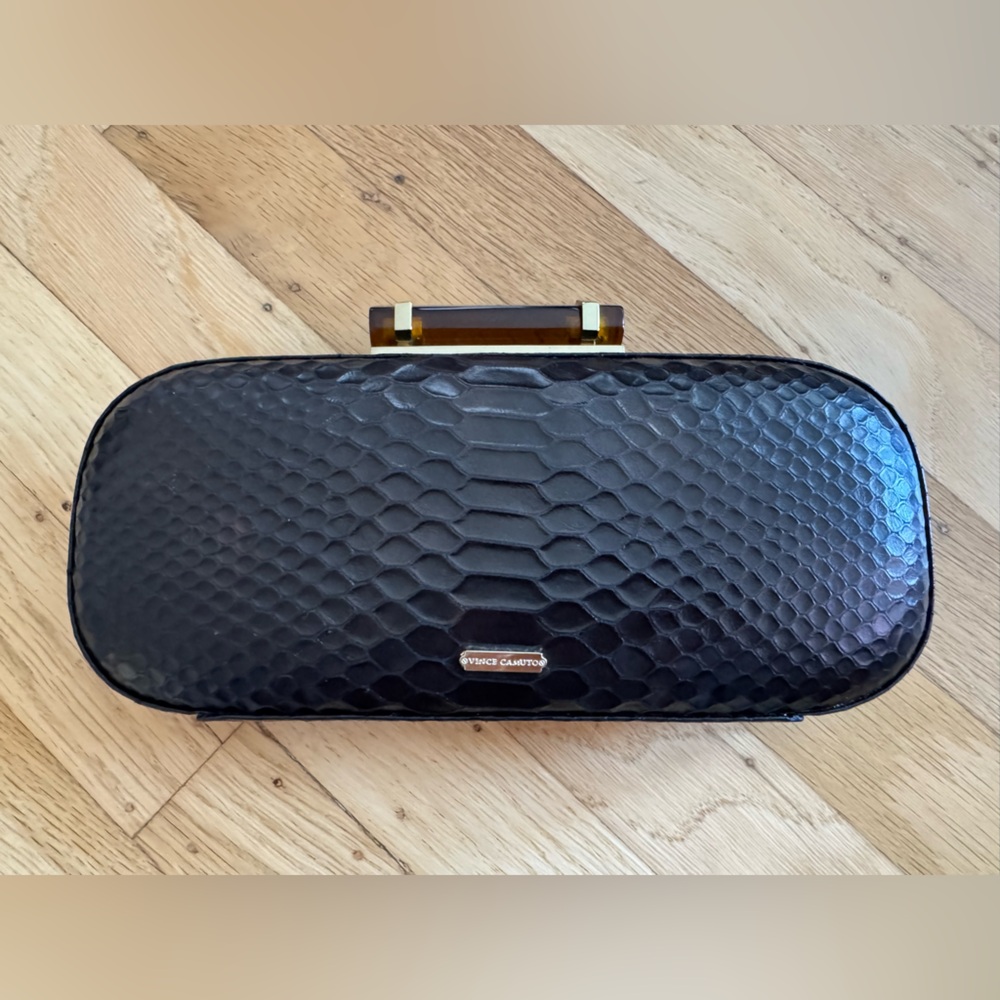 Vince Camuto Black Snakeskin Leather Clutch with Gold Accents